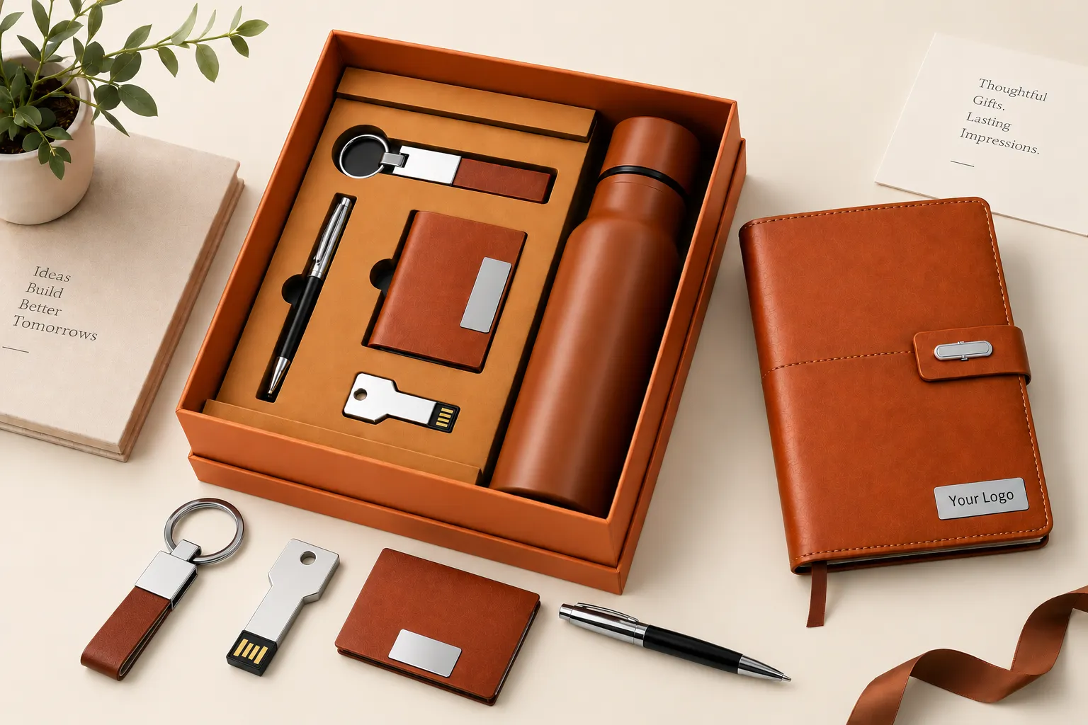 OfficeNeed 6-in-1 executive gift set: an open terracotta gift box containing a keychain, pen, leather card holder, pendrive and an insulated bottle, beside a tan leather diary and the individual gift items laid out in front of the box.