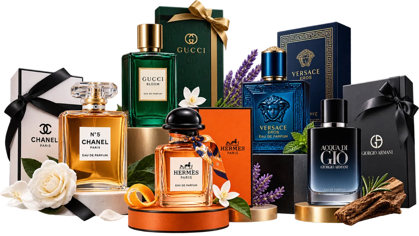 Luxury designer perfume bottles and gift boxes arranged with flowers and botanicals.